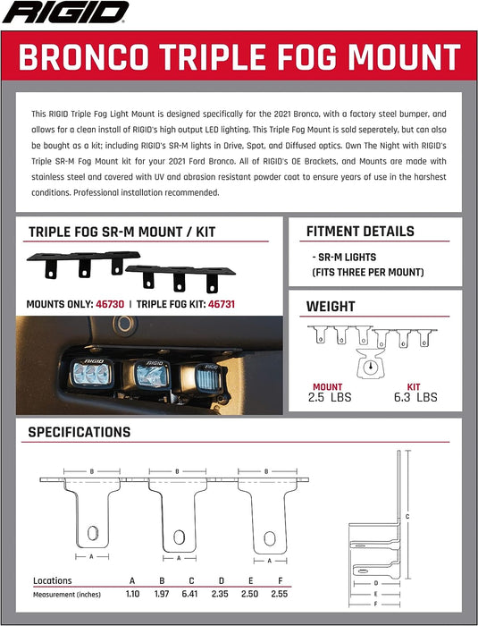 Rigid Industries 46731 Triple SR-M Fog Light Bumper Mount KIT - Fits 2021 Ford Bronco Full Size (Includes 6 Rigid Industries SR-M LED Lights)