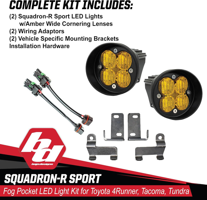 Baja Designs 447115 LED Fog Light Kit Squadron-R Sport Fog Pocket Kit | 2010-2021 4Runner | 2012-2021 Tacoma | 2014-2021 Tundra (Wide Cornering; Amber)