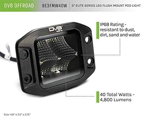 DV8 Offroad Elite Series 3" Flush Mount Light Pod | 4,800 Lumen from OSRAM LED's | Bezel-Less Housing w/Heat Fins | IP 68 Rated UV Resistant Lens | Flood Pattern