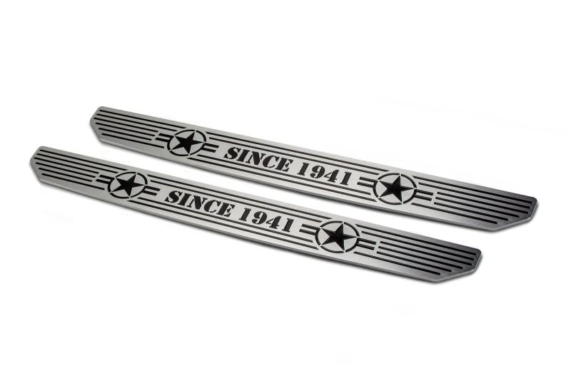 DV8 Offroad Door Sill Plates for 2018-2022 Wrangler JL and 2020-2022 Gladiator JT | Front Pair | Embossed with Since 1941" | Billet Aluminum Construction