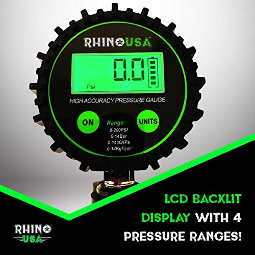 Rhino USA Digital Tire Inflator with Pressure Gauge (0-200 PSI) - ANSI B40.7 Accurate, Large 2" Easy Read Glow Dial, Premium Braided Hose, Solid Brass Hardware, Best for Any Car, Truck, Motorcycle, RV