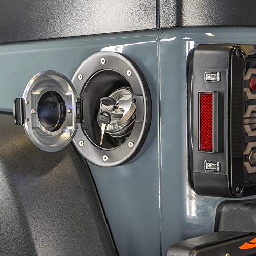 DV8 Offroad | D-JP-190004-BLK | Fuel Door for 07-18 Wrangler JK | Complete Assembly | Billet Aluminum Construction| Magnetic Closure | Black and Silver Two Tone Finish