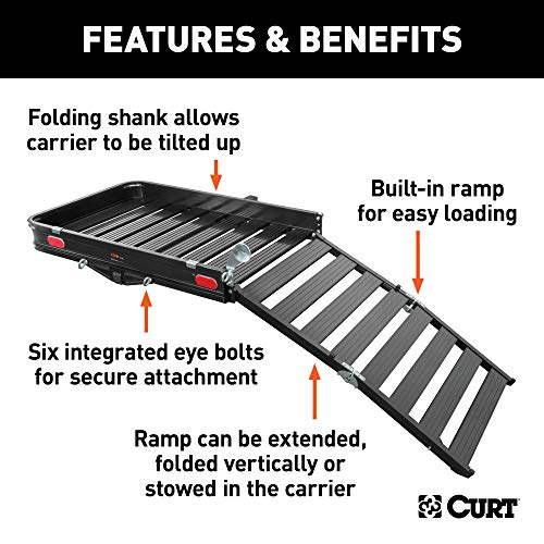 CURT 18112 50 x 30-1/2-Inch Black Aluminum Hitch Cargo Carrier with Ramp, 2-in Folding Shank