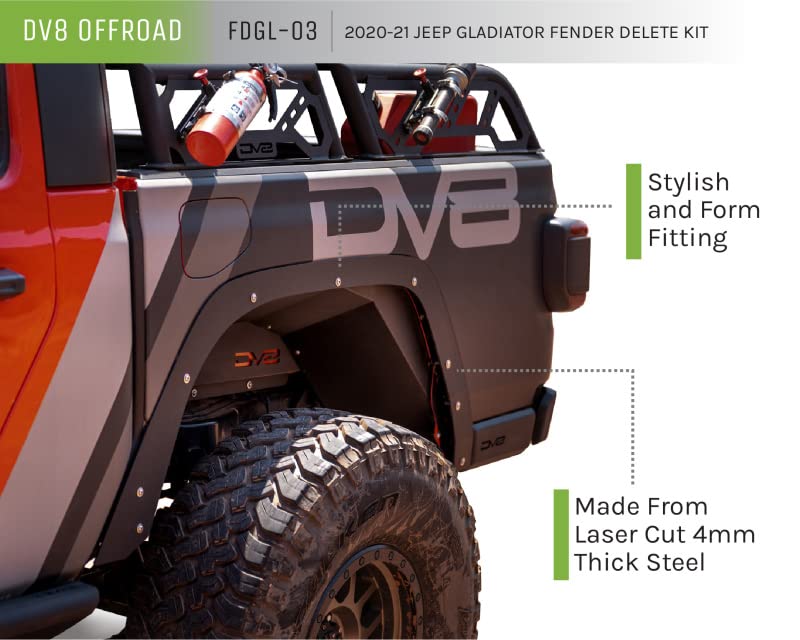 DV8 Offroad Fender Flare Deletes for 2020-2023 Jeep Gladiator JT | Fender Flare Removal Kit | Steel Construction | LED Turn Signal Included | Complete Set of 4