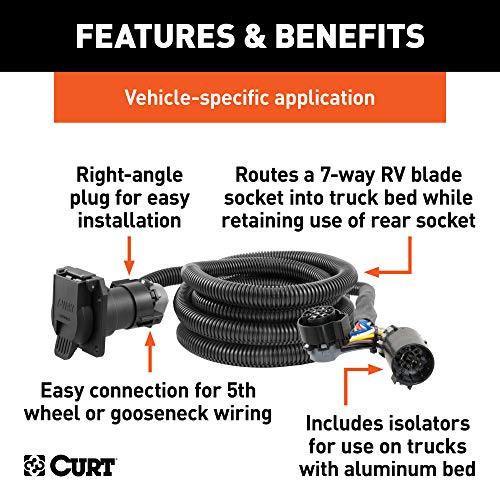 CURT 57010 10-Foot Vehicle-Side Truck Bed 7-Pin Trailer Wiring Harness Extension, Select Ford F-150, F-250, F-350 Super Duty, Black