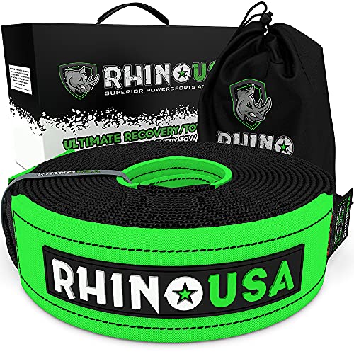 Rhino USA Recovery Tow Strap (4" x 30') Lab Tested 40,320lb Break Strength, Premium Draw String Bag Included, Triple Reinforced Loop Straps to Ensure Peace of Mind - Emergency Off Road Towing Rope