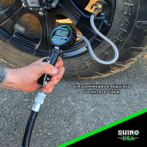 Rhino USA Digital Tire Inflator with Pressure Gauge (0-200 PSI) - ANSI B40.7 Accurate, Large 2" Easy Read Glow Dial, Premium Braided Hose, Solid Brass Hardware, Best for Any Car, Truck, Motorcycle, RV