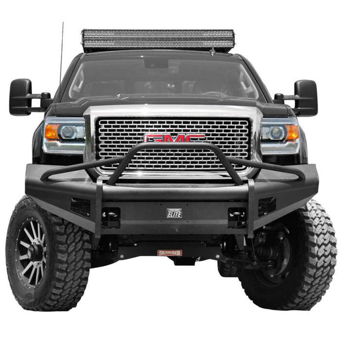 Fab Fours GM14-Q3162-1 Black Steel Elite Smooth Front Bumper w/ Pre-Runner Guard for GMC Sierra 2500HD/3500 2015-2019