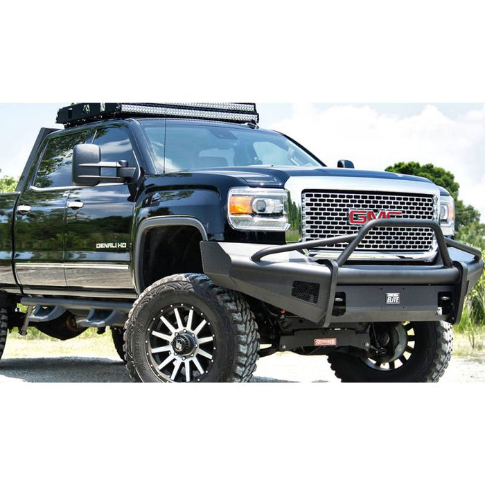 Fab Fours GM14-Q3162-1 Black Steel Elite Smooth Front Bumper w/ Pre-Runner Guard for GMC Sierra 2500HD/3500 2015-2019