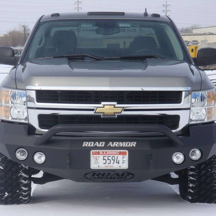 Road Armor 37204B Stealth Winch Front Bumper w/ Pre-Runner Guard and Round Light Holes for Chevy Silverado 2500HD/3500 2008-2010