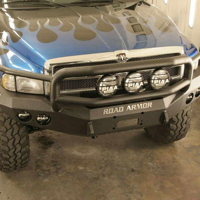 Road Armor 47015B Stealth Winch Front Bumper w/ Lonestar Guard and Round Light Holes for Dodge Ram 1500/2500/3500 1997-2002