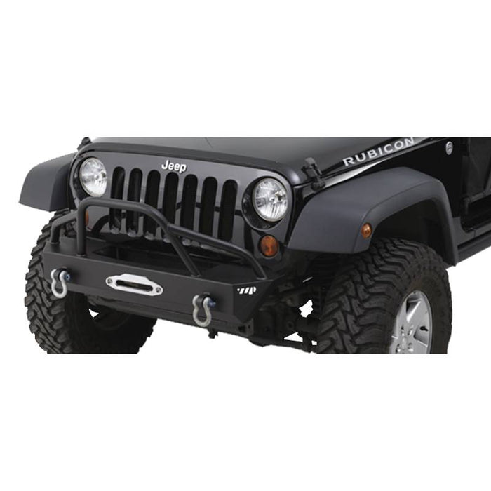 Warrior 59750 Winch Stubby Rock Crawler Front Bumper w/ Pre-Runner Brush Guard for Jeep Wrangler JK 2007-2018 - Black Powder Coat