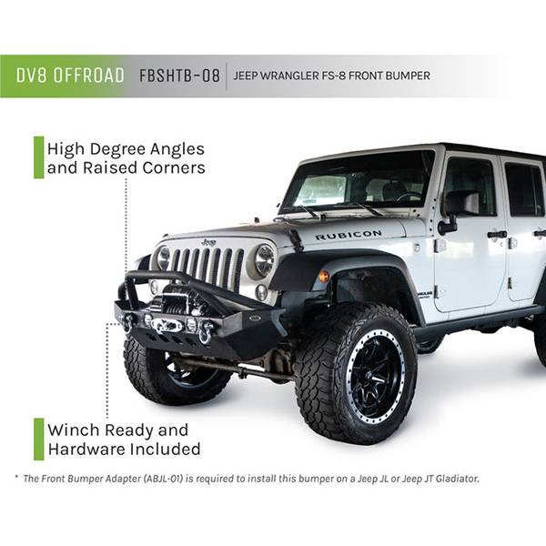 DV8 Offroad FBSHTB-08 Mid Length Winch Front Bumper w/ LED Light Holes for Jeep Wrangler JK/JL 2007-2022